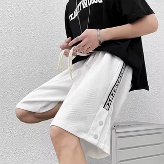 华夫格排扣短裤女夏季薄款潮牌休闲五分裤宽松显瘦直筒织带运动裤