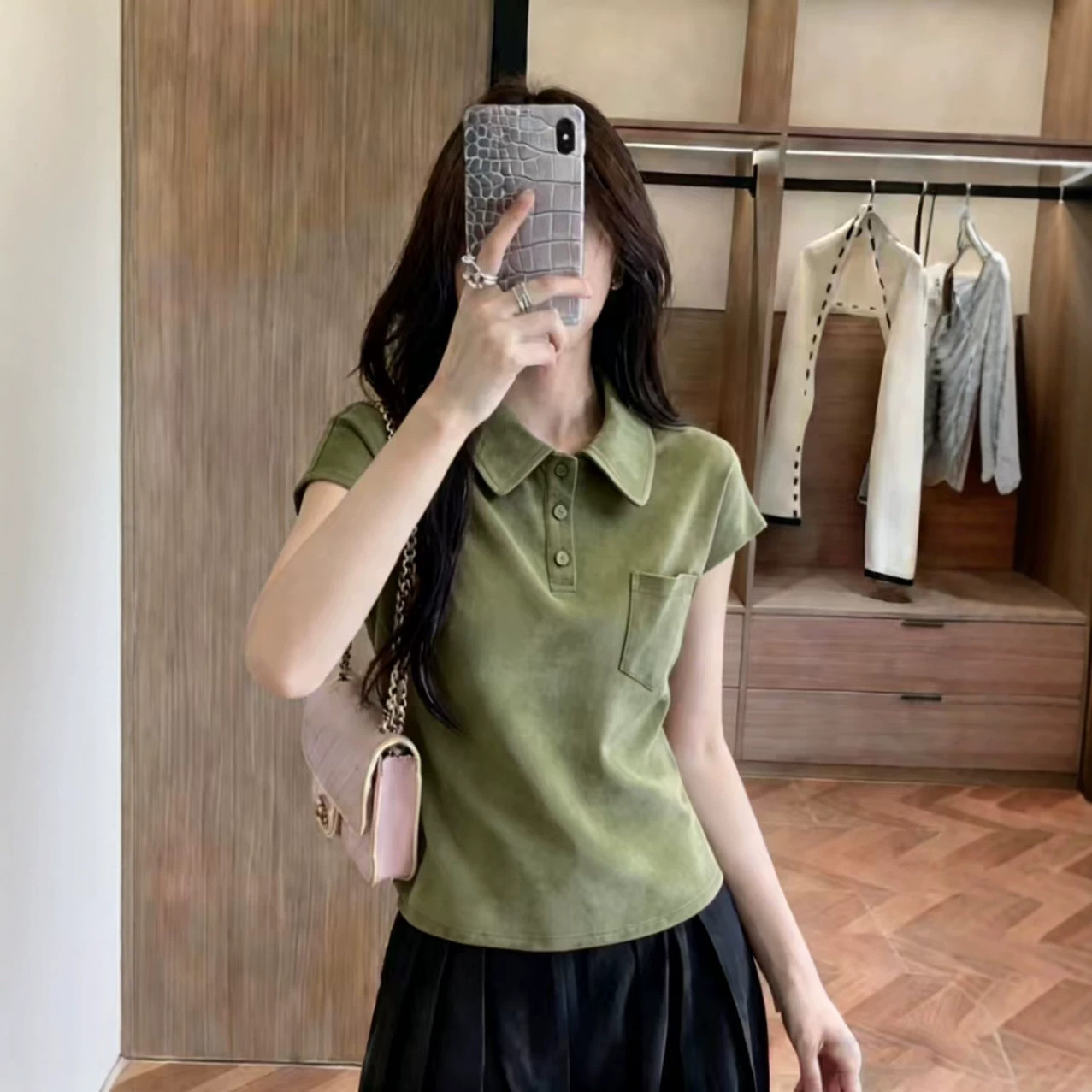Áo thun cổ polo tay ngắn nữ phong cách trẻ trung form rộng — màu xám chi tiết 1
