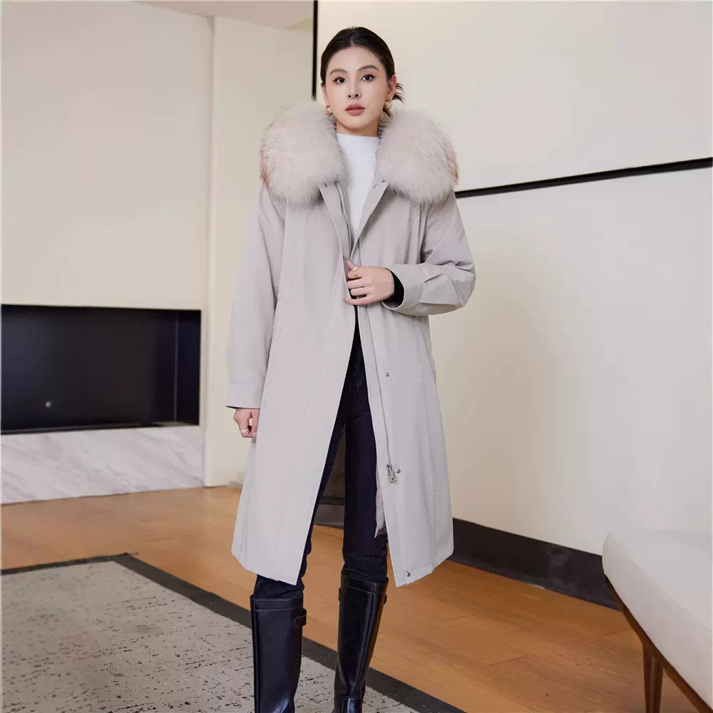 派克服女2024冬新款獭兔毛内胆可拆卸过膝长款皮草外套加厚羽绒服
