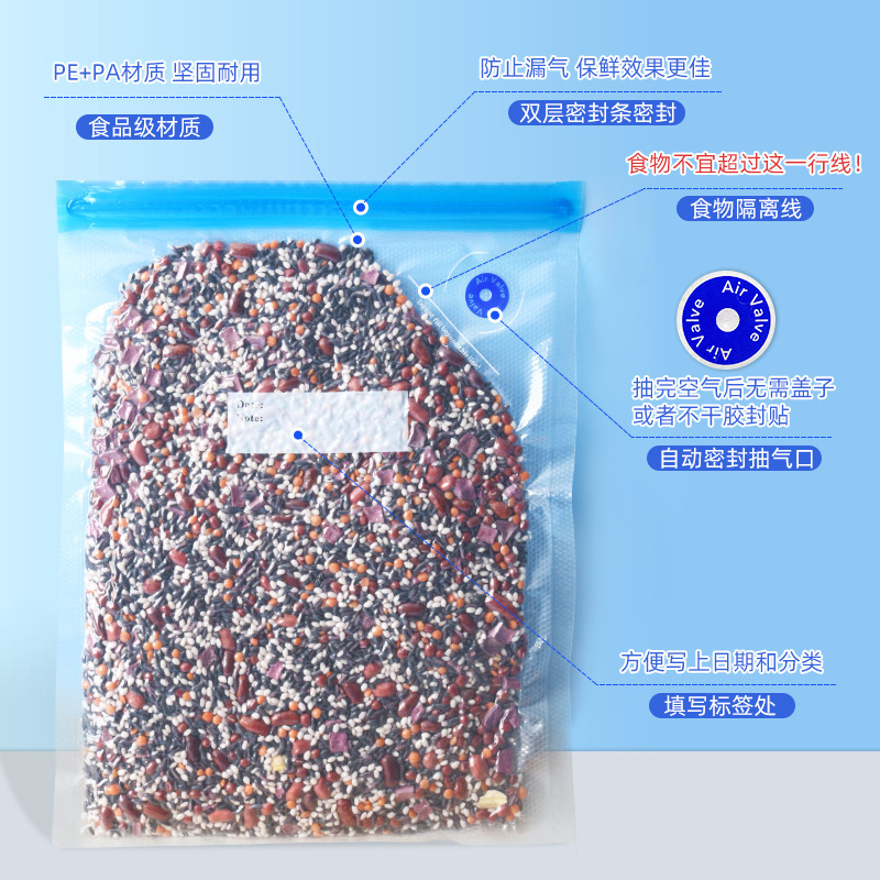 Bolsa de embalaje al vacío, válvula de aire, bolsa de almacenamiento fresca, refrigerador de carne fresca, clasificación de bombeo al vacío, bolsa de sellado de compresión al por mayor image 3