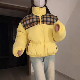 美式复古格纹拼接短款棉服女2024年新款冬季黄色立领面包服外套潮