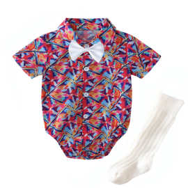 跨境男宝宝欧美绅士三角哈衣男童短袖领结袜子多件套厂家货源批发