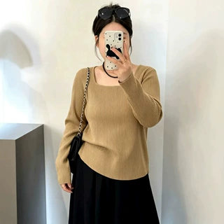 大码女装方领上衣女显瘦条纹衫2026秋款胖mm打底宽松针织衫
