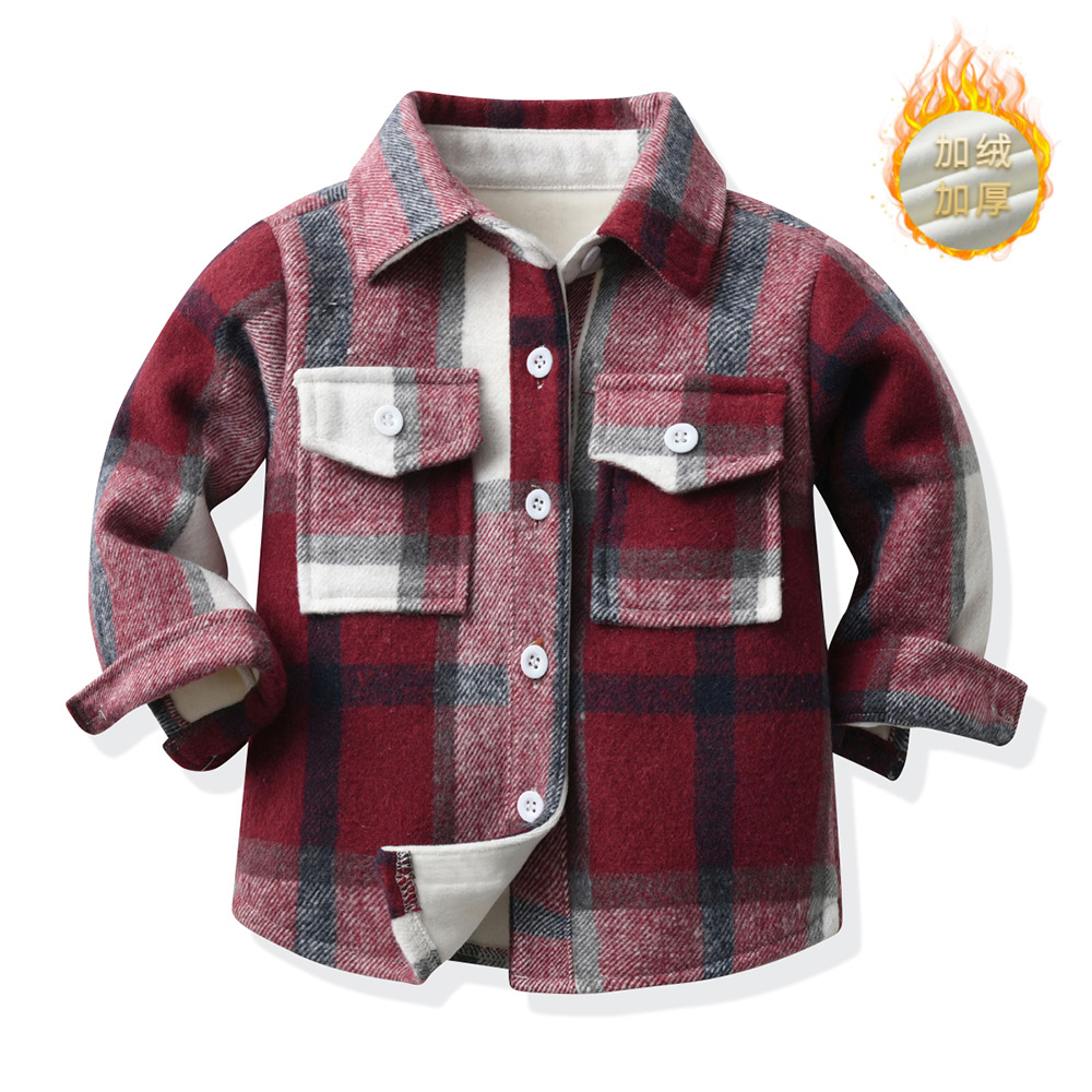 Camisas de celosía europeas y americanas para niños y niñas, botones de una sola fila, solapa de terciopelo gruesa, cardigan de manga larga caliente, moda