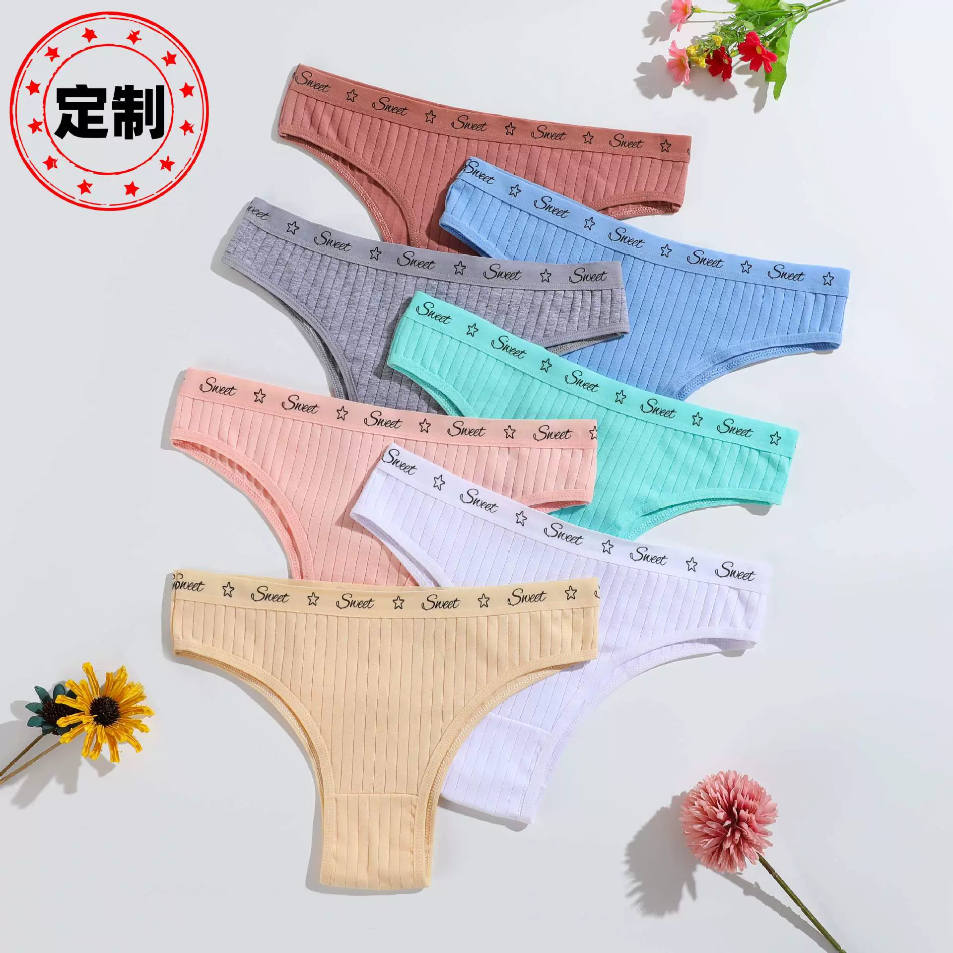 新品纯棉螺纹蕾丝女士三角裤中低腰收腹透气双层档巴西裤加工定制