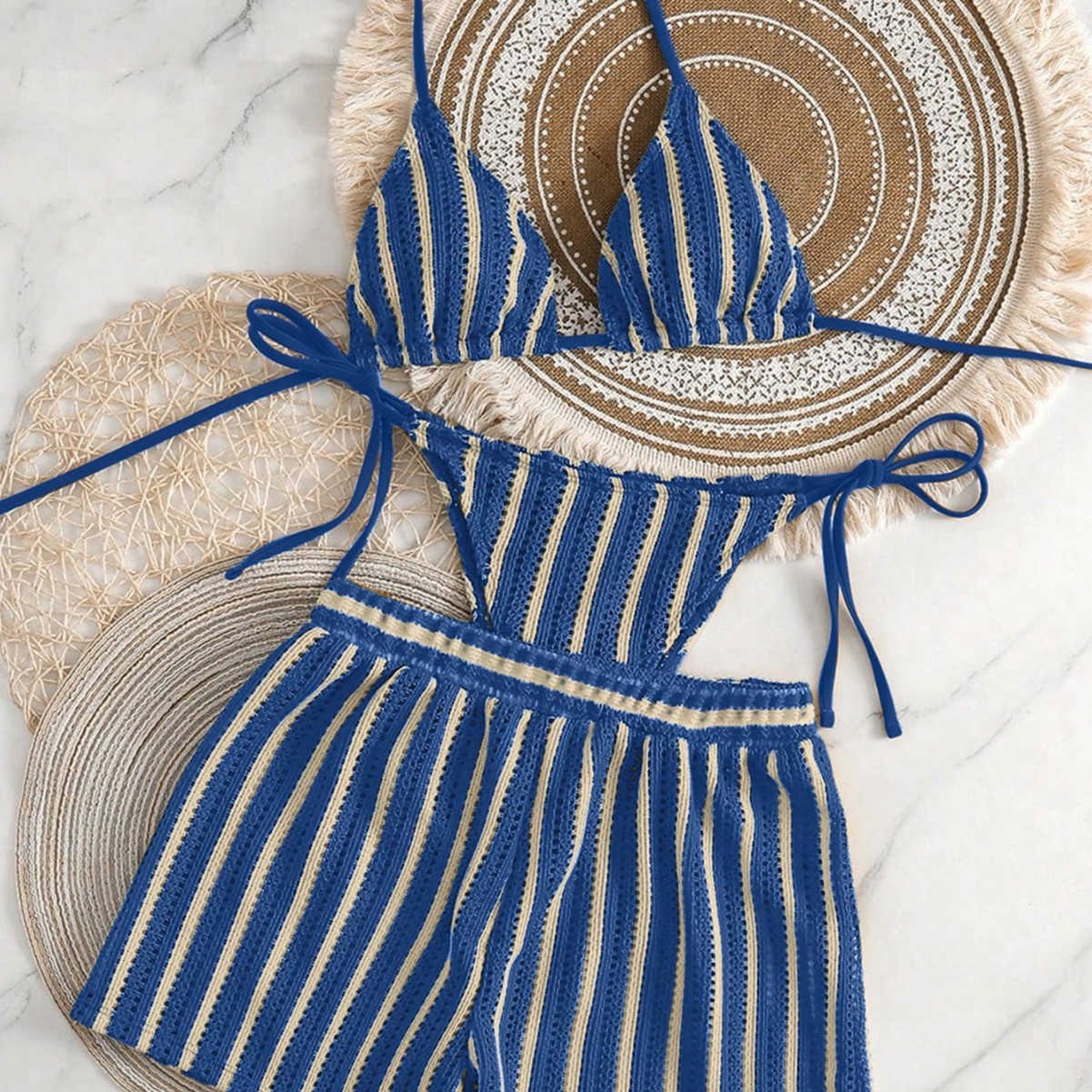 Costume da bagno da donna in tre pezzi lavorato a maglia con bordo incrociato, in pizzo e a righe, stile bohémien_voghion.com