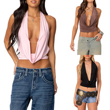 欧美跨境2025春季新款女装系带背心设计感辣妹挂脖露背潮流百搭