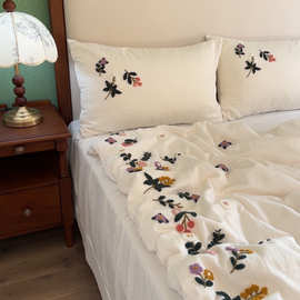 简约纯色花卉毛巾绣纯棉加厚四件套软糯亲肤A类可机洗全棉套件笠