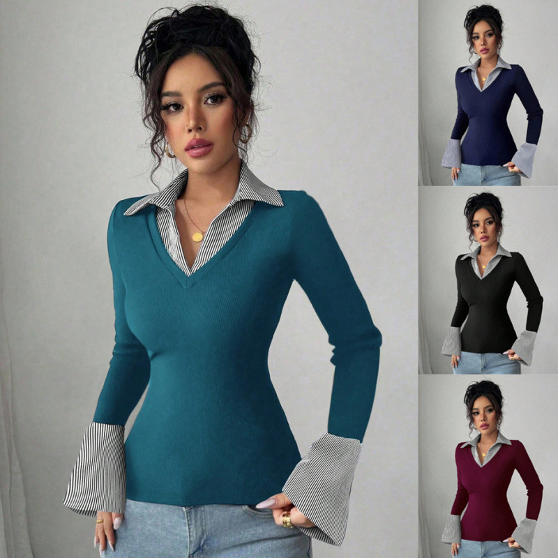 2026 Cross-Border European and American Amazon New Style Fake Two-Piece Striped Lapel V-Neck Color-Blocked Flared Top