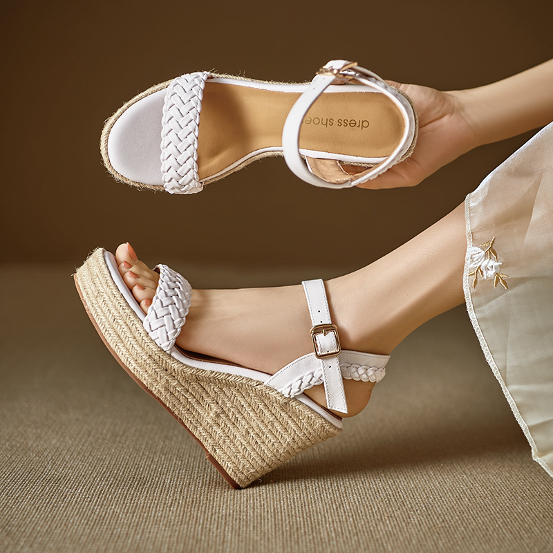 Sandal cao gót nữ hở mũi đế xuồng đan bohemian, gót 9 cm — màu trắng, màu mơ