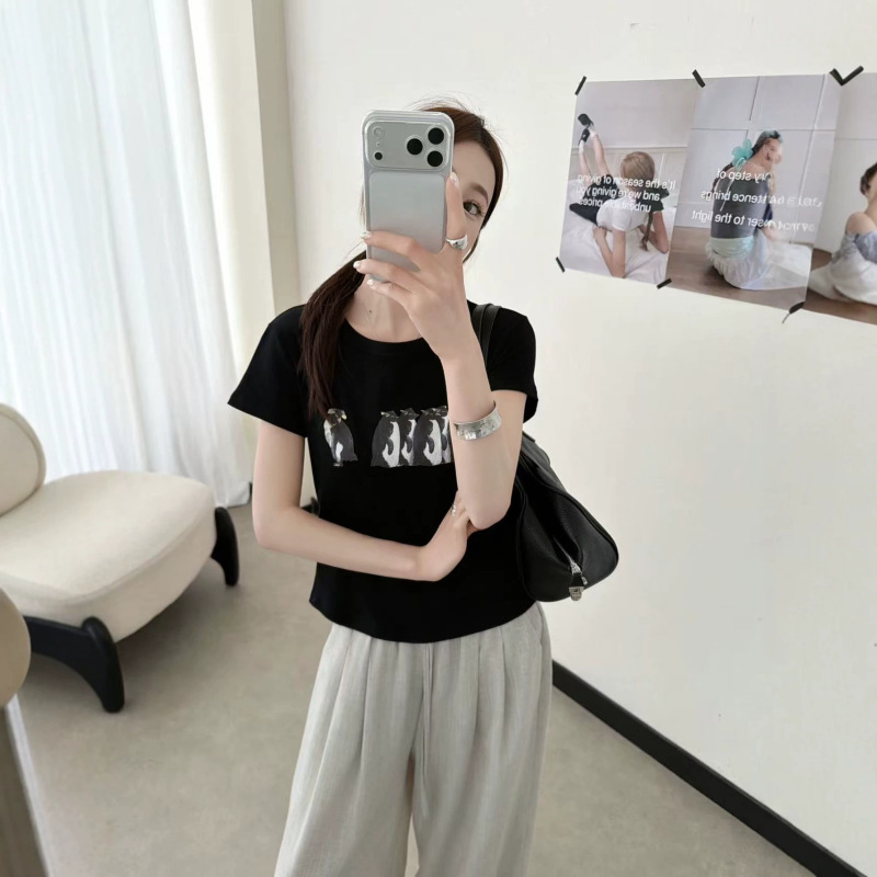 Korean-Style Penguin Print Slim-Fit Short-Sleeve Summer New Round-Neck Versatile Slimming T-Shirt Women's Clothing Direct from the Factory