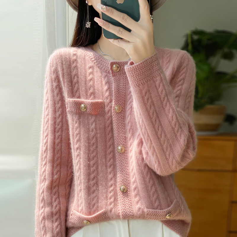 Autumn and Winter 100 Pure Wool Chanel Style Cardigan Women's Round Neck Twist Flower Jacket Sweater Loose Cashmere Sweater Long Sleeve Top