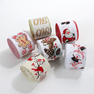 Christmas New Style Imitation linen Christmas Ribbon Gingerbread Man Pine Cone Decoration Ribbon Handmade Wire Edge Bow Ribbon