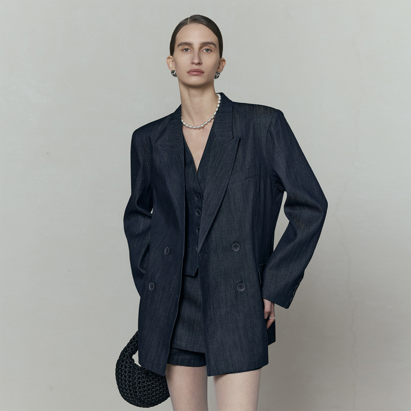 Uma White Retro Navy Blue Denim Blazer for Women, Loose Silhouette Double-Breasted Work Casual Suit