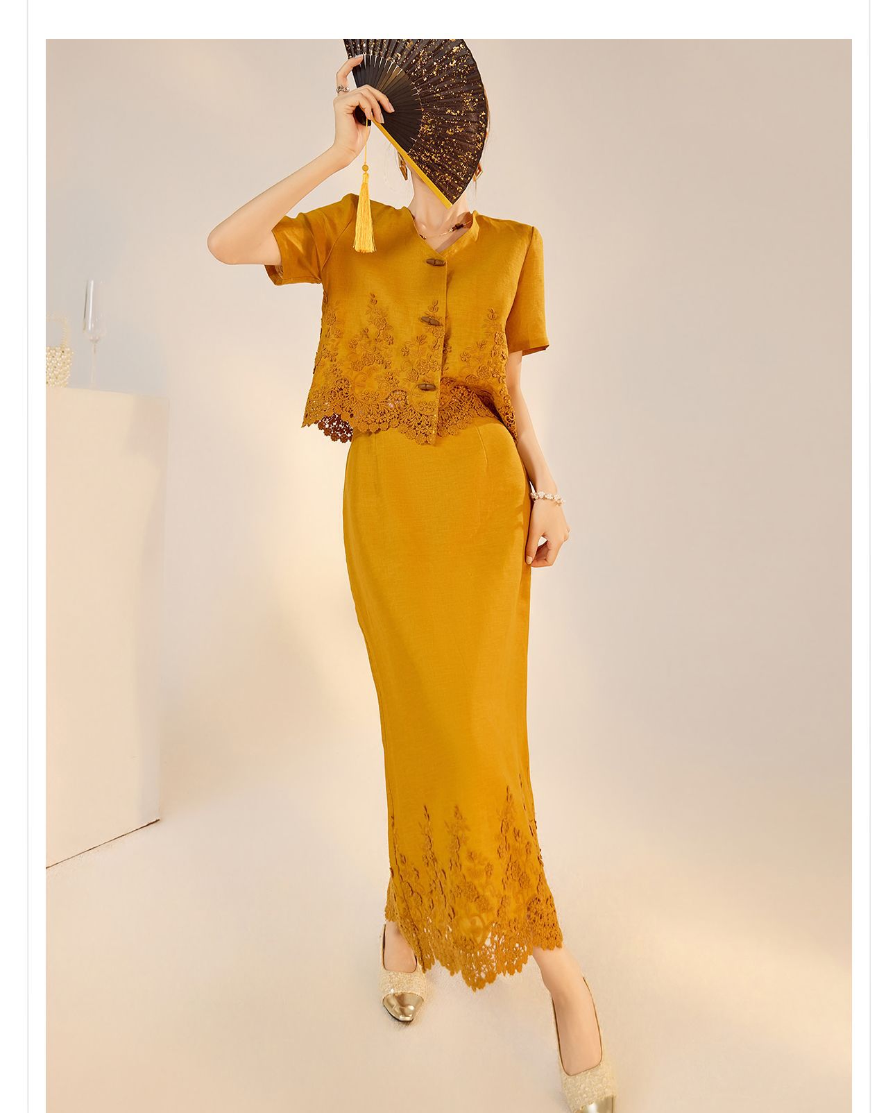 Bộ áo sơ mi ren thêu và chân váy maxi phong cách Trung Hoa mới dành cho nữ mùa hè — Chân váy màu trắng be, Áo màu caramel, Áo màu trắng be, Chân váy màu caramel chi tiết 12
