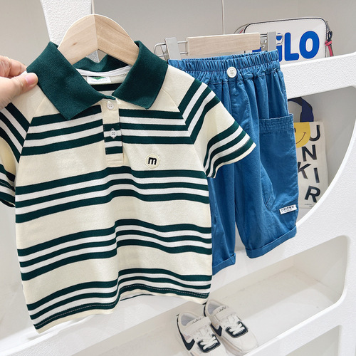 2024 summer new children's short-sleeved POLO shirt boys striped letter lapel T-shirt medium and large children's baby tops