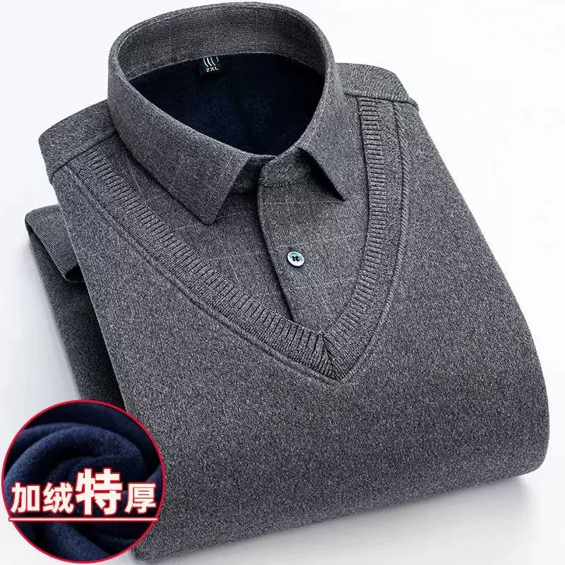 秋冬季加绒加厚假两件男款长袖衬衫领套头毛衣休闲保暖针织衫毛衫