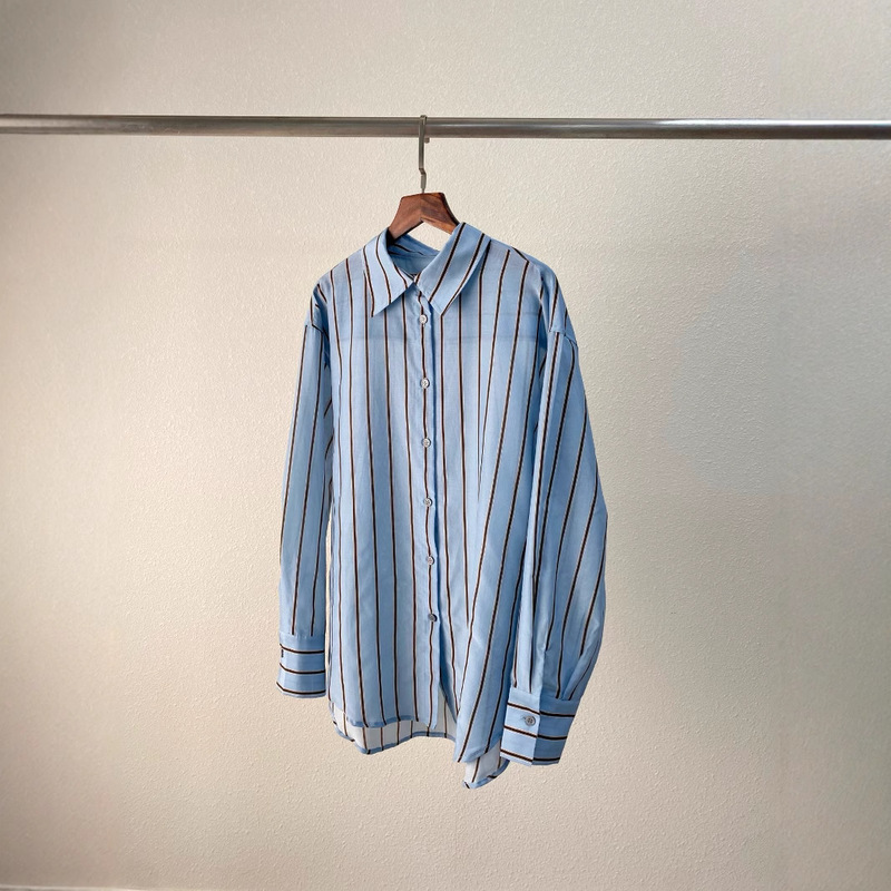 5721 B New Classic Sunscreen Joker White Clear Ice Blue Light Silk Cotton Striped Shirt