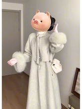 2024冬季加厚感毛呢中长款外套系带仿狐狸袖口毛领毛呢大衣女