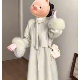 2024冬季加厚感毛呢中长款外套系带仿狐狸袖口毛领毛呢大衣女