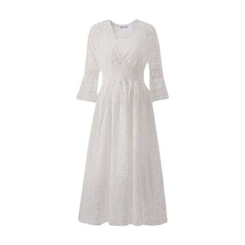 Ladies Summer Dress with Lace V-Neck Fitted Waist Skirt Korean Style Dress Vacation Women Beach Dress