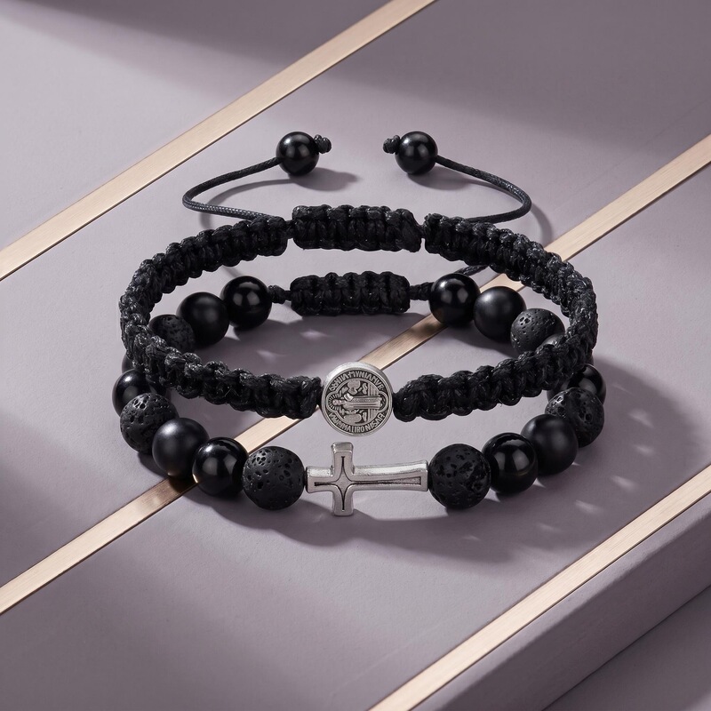 Cross-Border Amazon New St. Benedict Cross Woven Bracelet Volcanic Stone Bracelet Wwjd Letter Set Wholesale Cross-Border Amazon New St. Benedict Cross Woven Bracelet Volcanic Stone Bracelet Wwjd Letter Set Wholesale