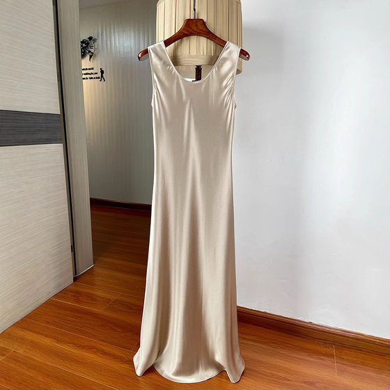 Elegant U-Neck Acetate Satin Viscose Dress Women's Long Dress Summer Slim-Fit Slim Look Sleeveless dress Draped