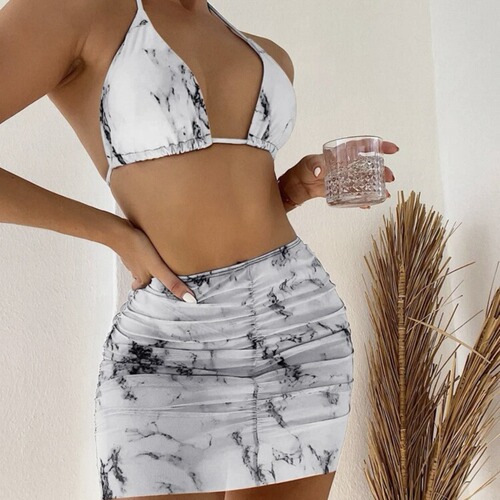  European and American new marble printed mesh three-piece short skirt swimsuit bikini bikini cross-border