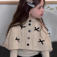 2025秋季女童韩版蝴蝶结斗篷毛衣儿童洋气针织衫外套上衣童装套装