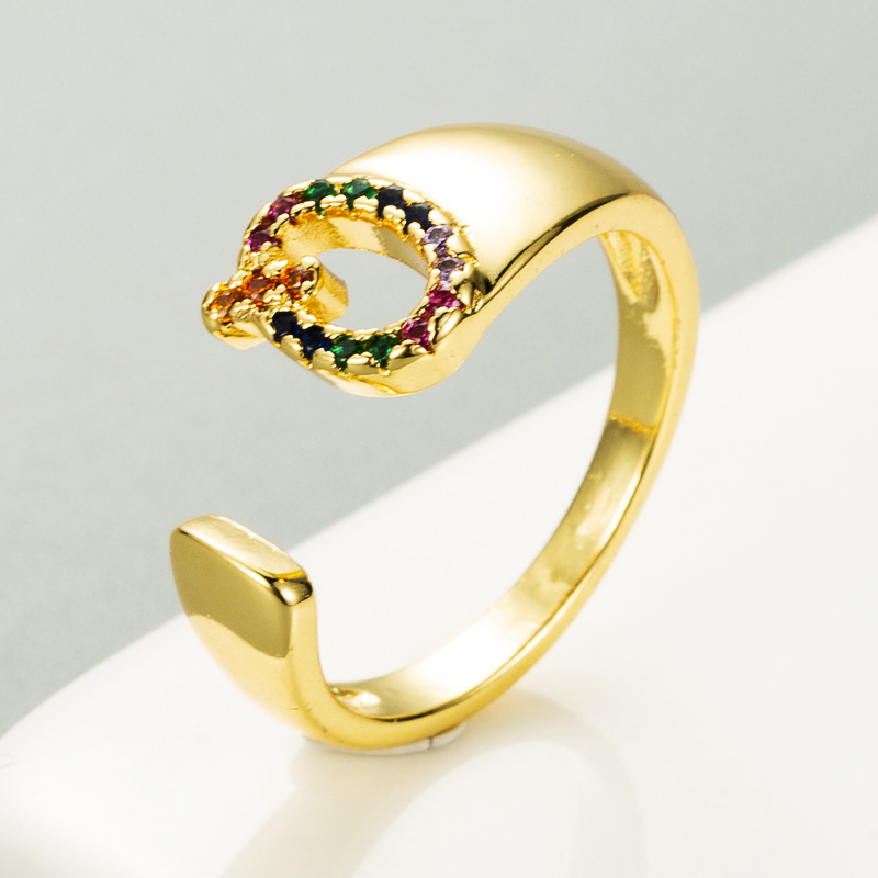 European And American Ring 26 English Letter Copper Gold-plated Inlaid Zircon Ring Opening Adjustable display picture 7