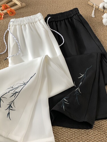 New Chinese-style high-elastic ice silk pants men's summer thin loose cool western pants fashion brand national style embroidered casual pants