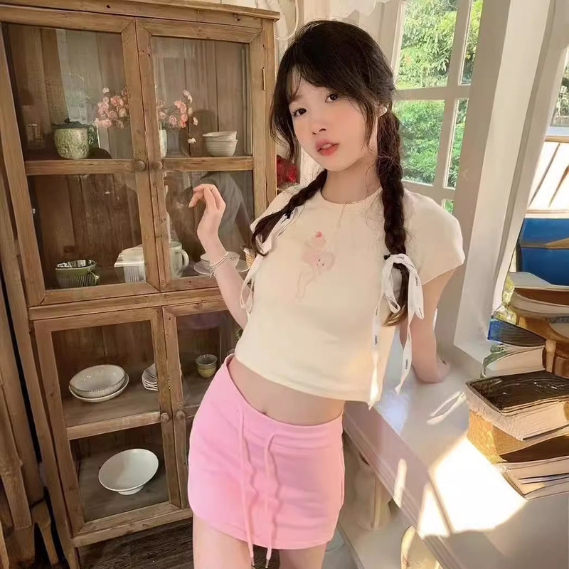 Summer Sweet and Spicy American Style Vintage Cream Camisole Vest Women's Short Cute Cartoon Printed Lace Camisole Vest Women