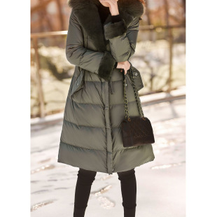 Fox + mink fur collar high-end 95 White Goose Down Jacket Women's drawstring waist Women's Mid-length Pinghu winter
