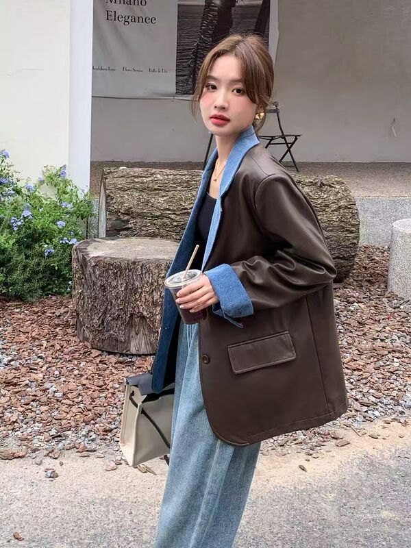开春感又a又飒西装外套女2025新款时尚显瘦流行炸街棕色皮衣夹克|undefined