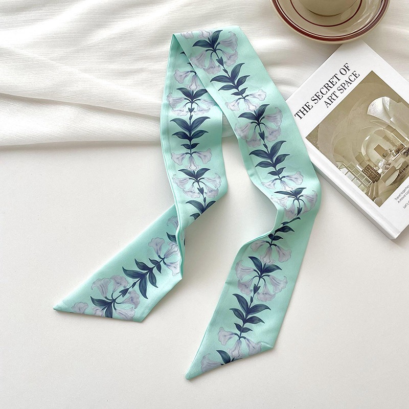 Bufandas de seda delgadas y largas para mujeres primavera y verano multifuncional bolsas de pelo atadas de pañuelo decorado correa de pelo tocado de correa