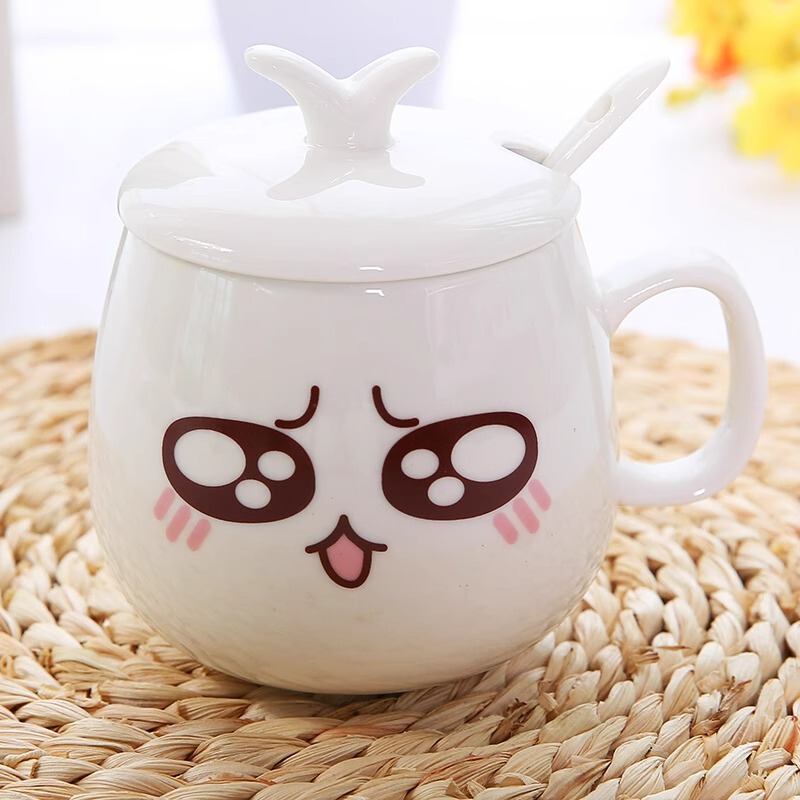 かわいい表情ミルクマグコーヒーカップクリエイティブカップルカップセラミックカップ蓋付きスプーン飲料水家庭用ティーカップ|undefined