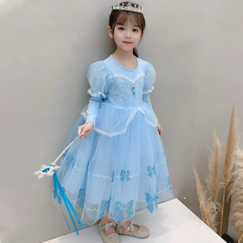 Новое весенне-осеннее платье принцессы Эльзы для девочек, с бантом, принтом, из сетки, пышное, зимний новый стиль
