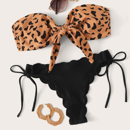 2024 New Amazon Leopard Print Split Beach Swimsuit Women's Lace Tie European and American Sexy Bikini