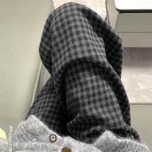 毛呢格子阔腿裤女秋冬加绒加厚慵懒休闲裤小个子高腰宽松直筒裤潮