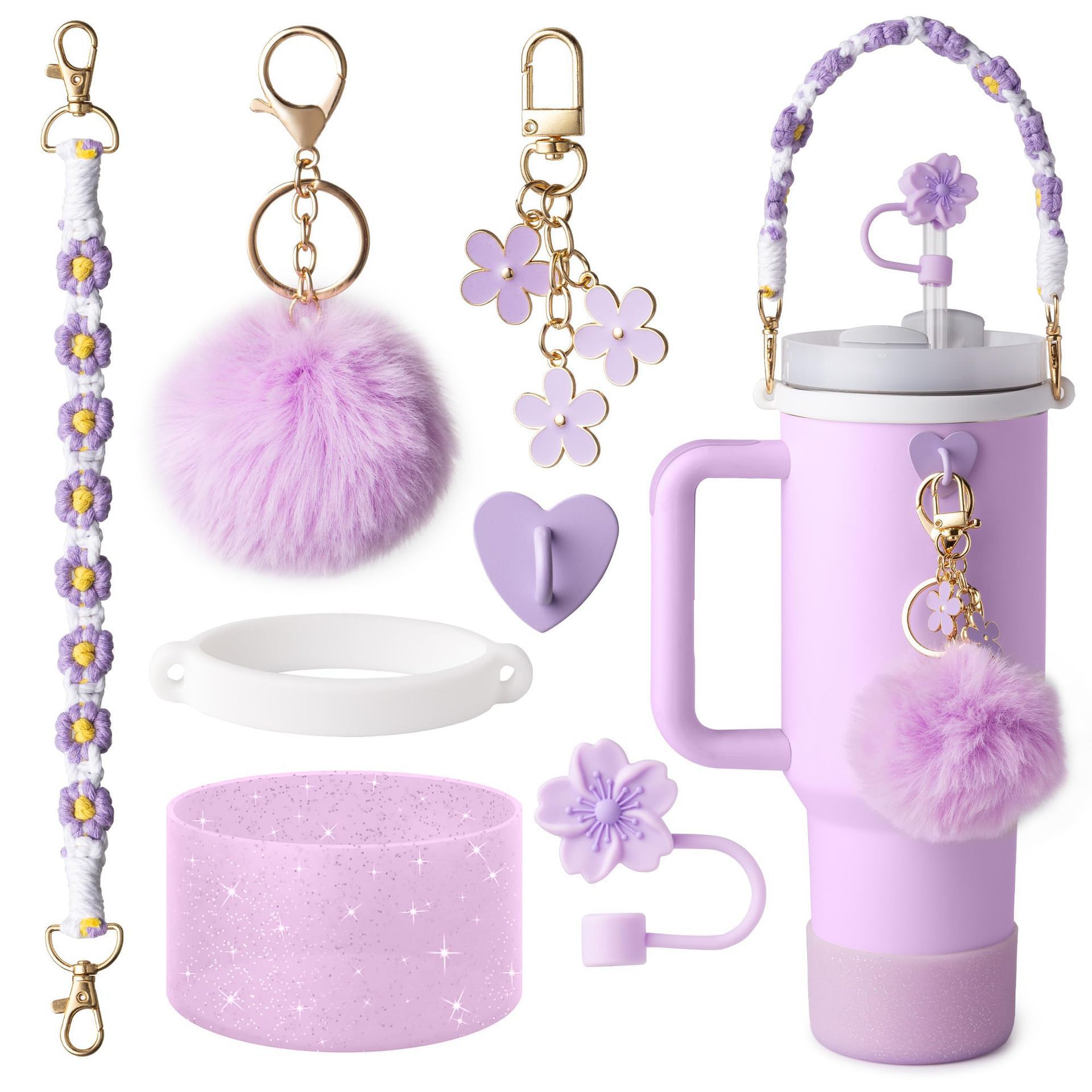 Nuevos productos Stanley taza de agua de mano cadena de taza de flores colgante de amor Begonia gorra de paja bola de peluche llavero