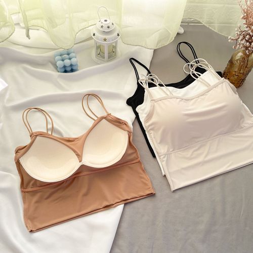 Ice Silk Seamless Beautiful Back Camisole for Women with Integrated Fixed Breast Pad and External Wear Bottoming Beautiful Back Strap Top Bra for Women