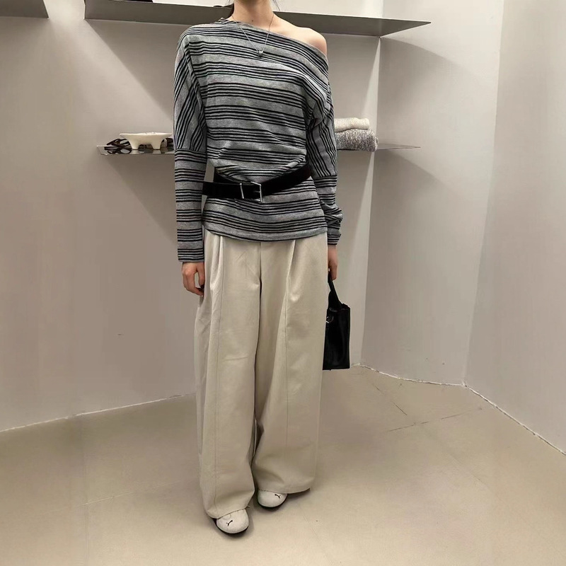 撞色条纹斜肩配腰带长袖T恤女2025早秋新款洋气宽松时尚百搭上衣|undefined