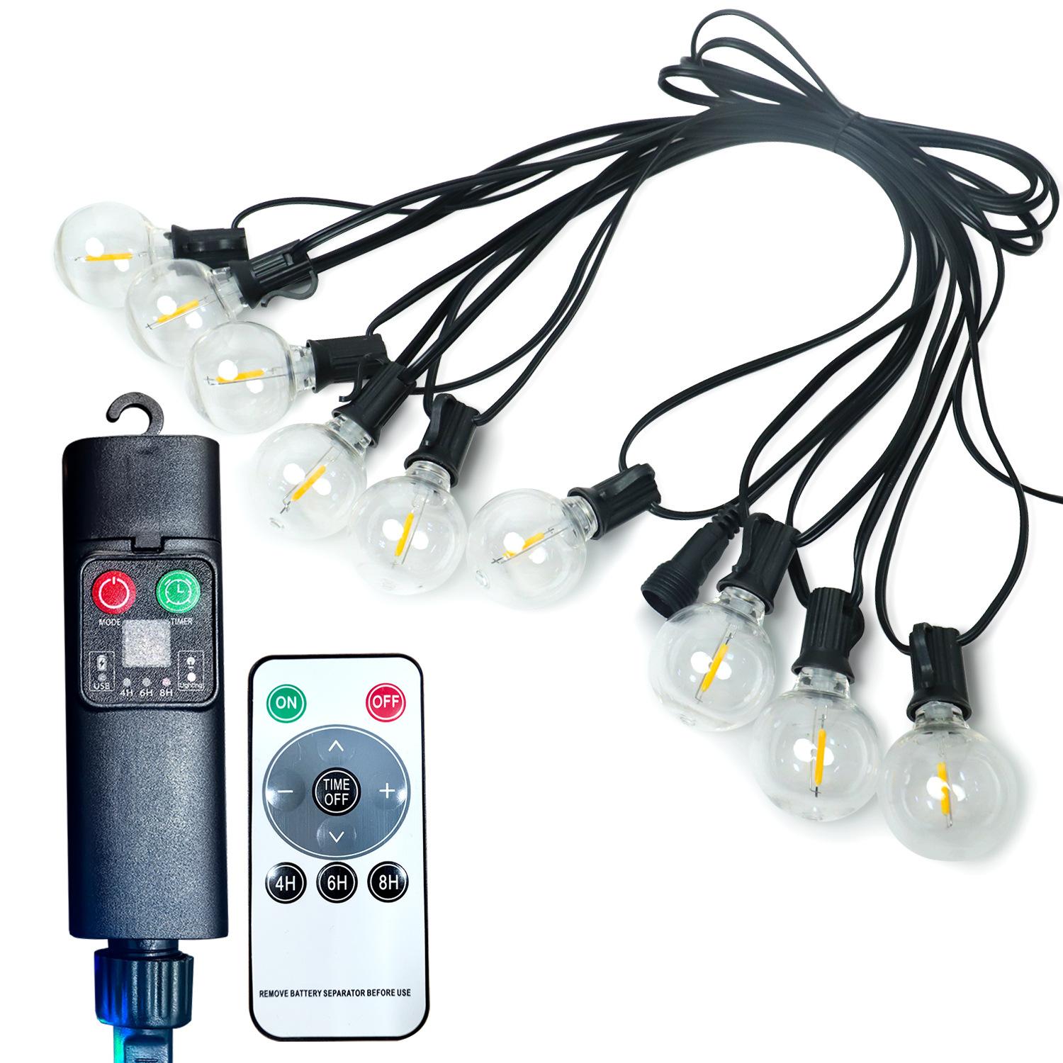 Luz de cadena de ambiente de campamento impermeable al aire libre G40 bombilla recargable control remoto luz led cadena de tienda decoración de patio