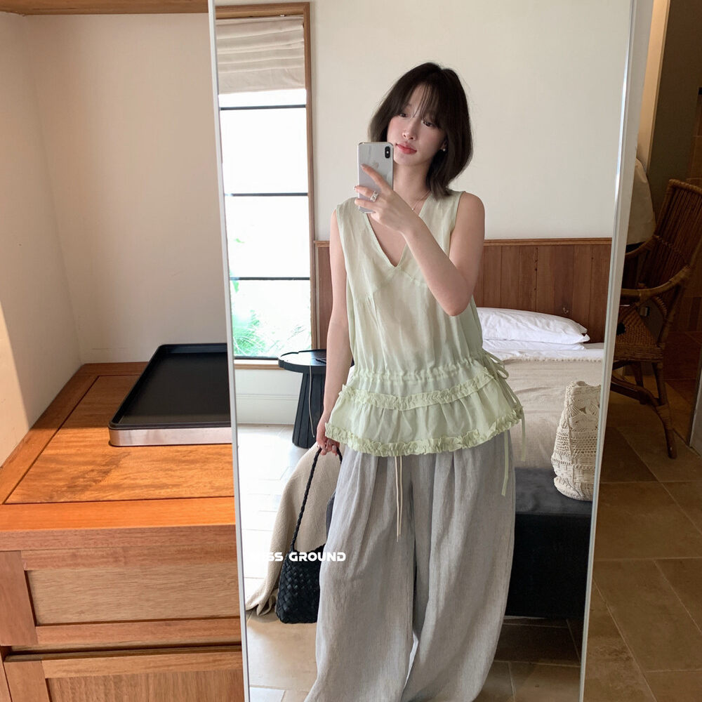 Áo hai dây nữ cổ V phối ren bèo nhún phong cách Hàn Quốc — Xanh nước biển, trắng ngà, Dưa lưới, Hồng cam