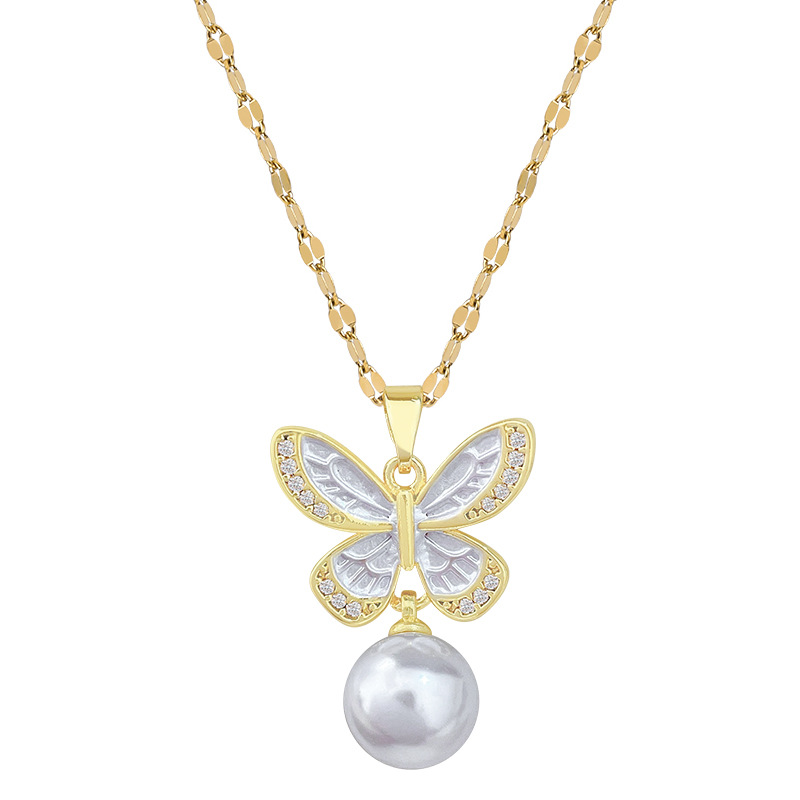 Gorgeous Butterfly Pearl Necklace Set Titanium Steel Clavicle Chain_voghion.com