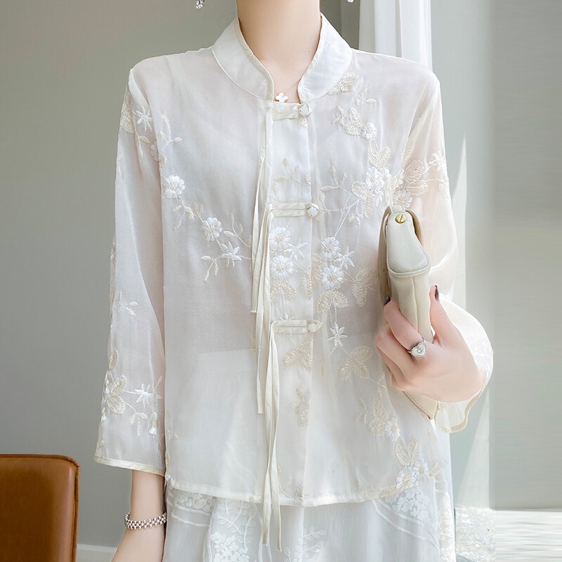 French style stand collar embroidery series solid color buckle satin shirt slimming Chinese style Tang suit spring and summer thin outer wear for women