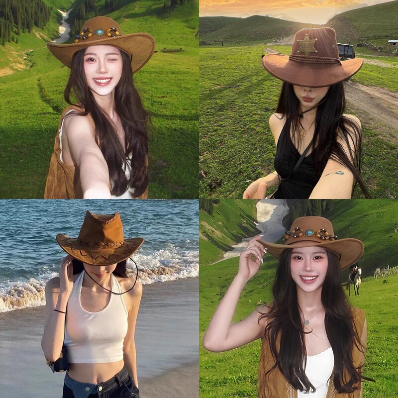 Ethnic style western cowboy hat for women, new summer model, suitable for Xizang, Xinjiang, and western Sichuan travel, outdoor hiking, and sun protection