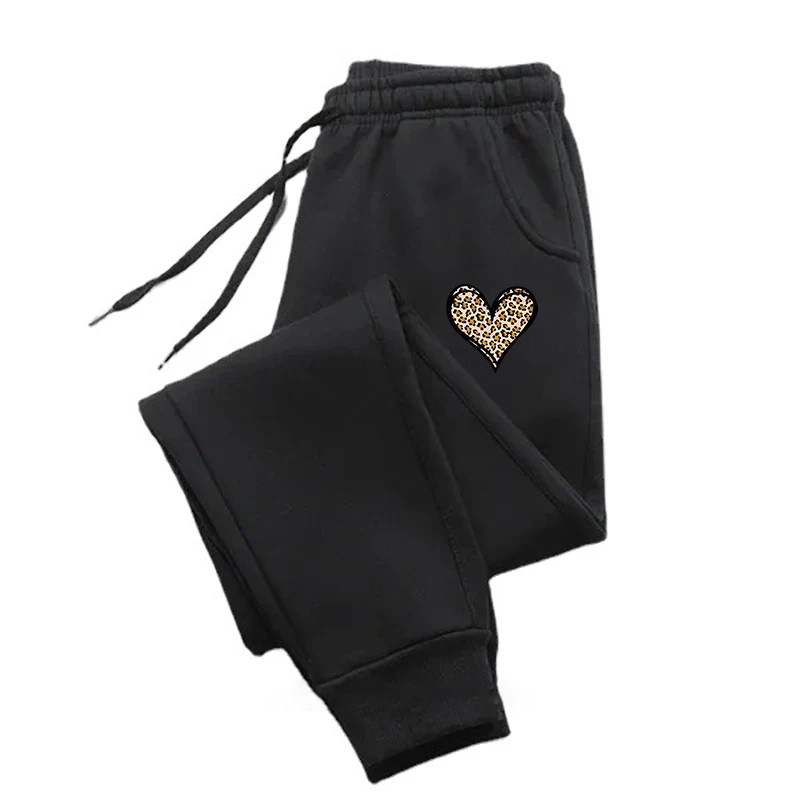 Fashionable leopard print heart-patterned casual sports pants - drawstring joggers, outdoor fleece-lined sweatpants Fashionable leopard print heart-patterned casual sports pants - drawstring joggers, outdoor fleece-lined sweatpants