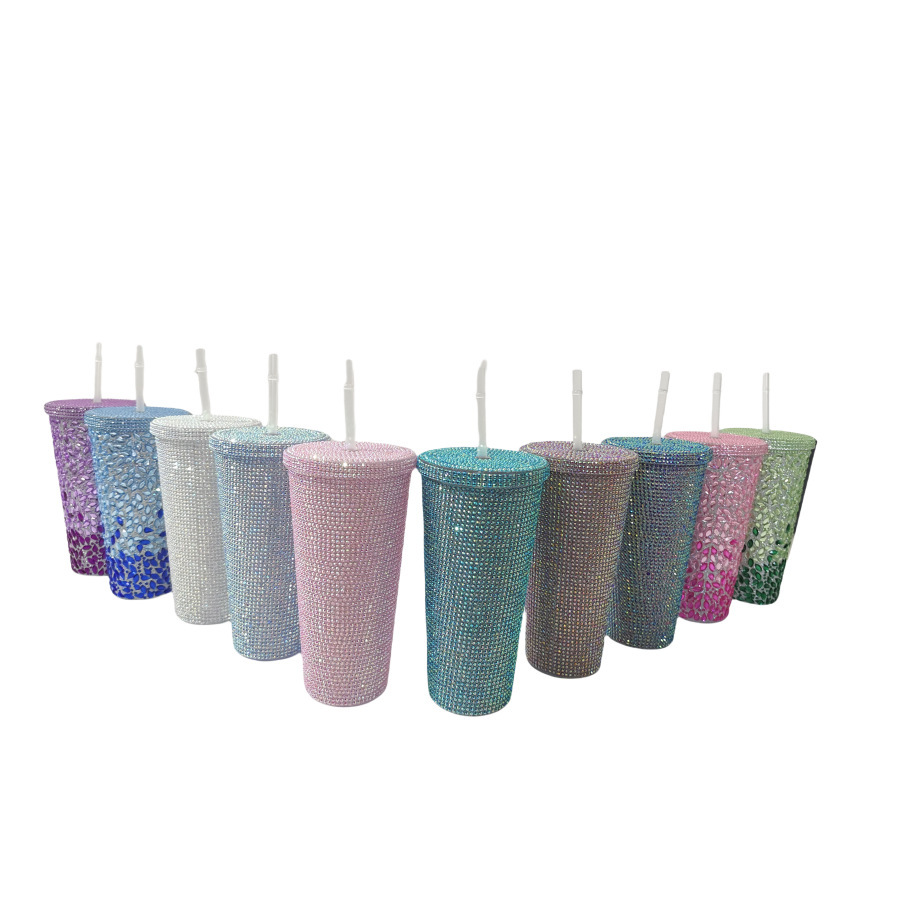 Taza de agua fría de gran capacidad de perlas de diamante doble copas de agua de café ps taza de agua de paja de diamante para mujeres
