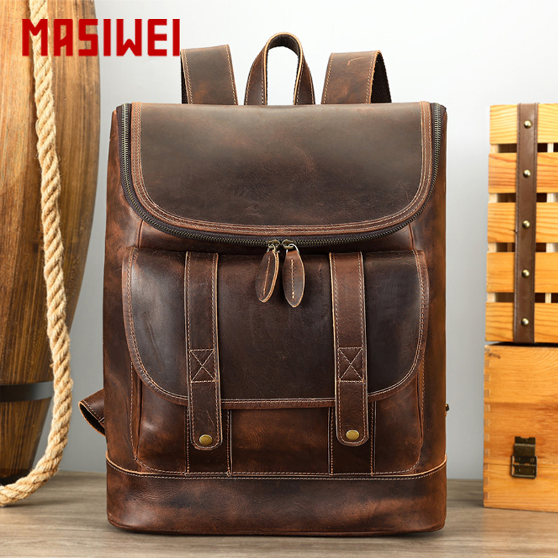 MASIWEI Crazy Horse Leather Retro Men's Backpack Business Computer Bag Genuine Leather Large Capacity Casual Backpack